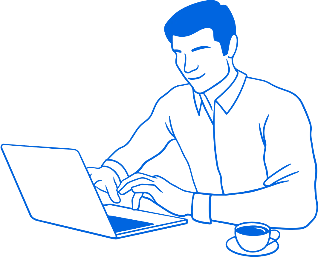 An illustration of a man smiling while looking at his laptop.