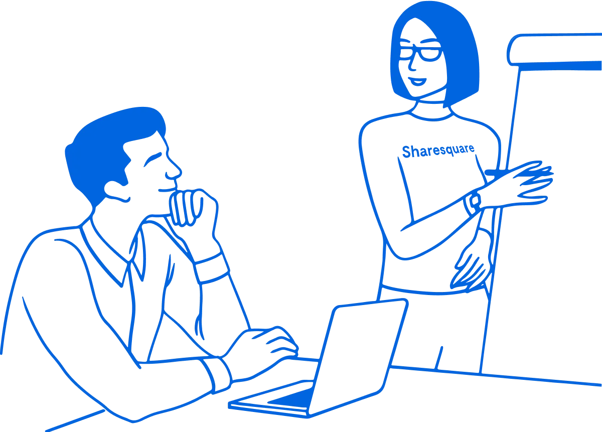 An illustration of a woman presenting a whiteboard to a man seated in front of his laptop.