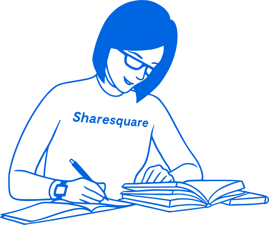 An illustration of a woman writing on papers.