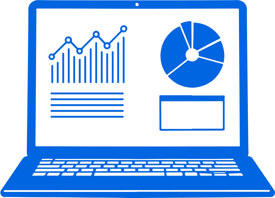 An illustration of a laptop with a bar and circle graph on the screen.