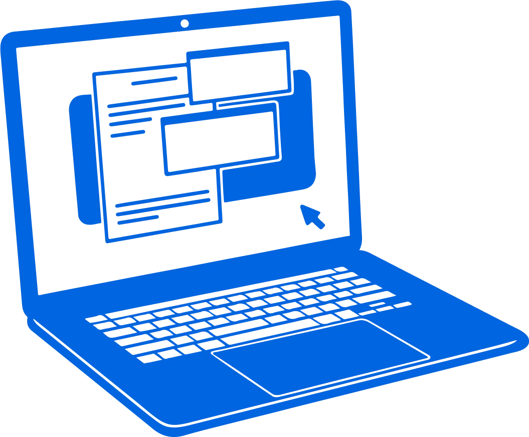 An illustration of a laptop with multiple text windows on the screen.