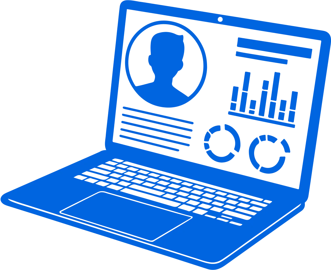 An illustration with a laptop that has a personal profile and graph on the screen.