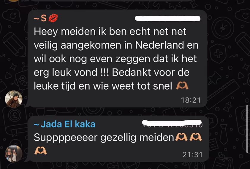 Screenshot of a Dutch WhatsApp conversation where one person says they have safely arrived in the Netherlands and thanks others for the good time, the other responds enthusiastically about having fun together.
