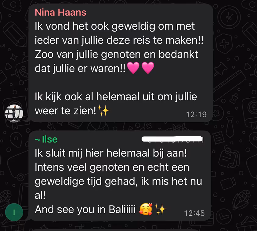 Screenshots van een WhatsApp-gesprek in het Nederlands met berichten van Nina Haans en Ilse over een geweldige reis, waarin ze hun plezier en dankbaarheid uitdrukken en uitkijken naar een weerzien.
