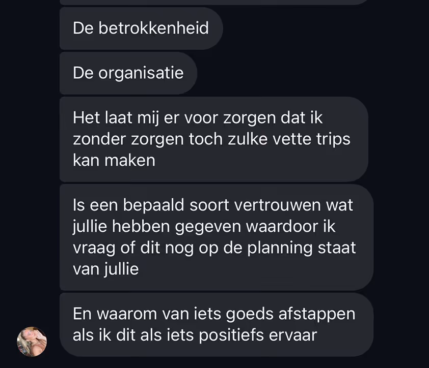 Screenshot van een tekstbericht in het Nederlands over betrokkenheid, organisatie en vertrouwen bij het maken van reizen zonder zorgen.