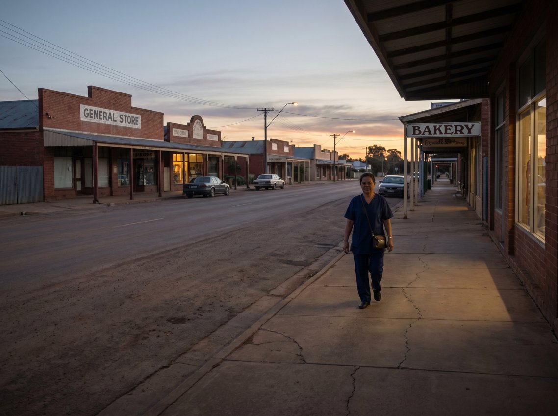 A care worker walking through a regional town