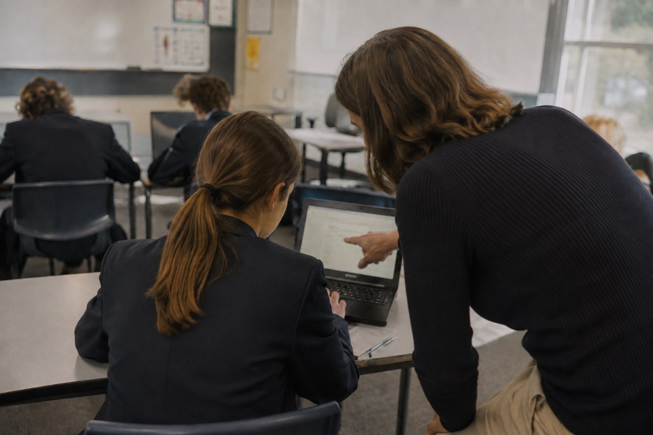 A teacher leaning over a student's desk, pointing at work on the student's laptop screen during class