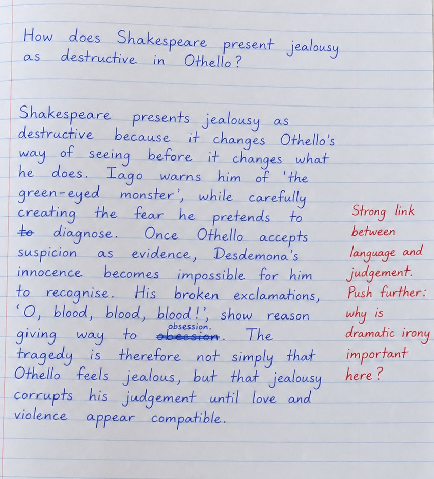 A handwritten Year 12 English paragraph on Othello in blue pen, with a word crossed out and a teacher's comment in red in the margin