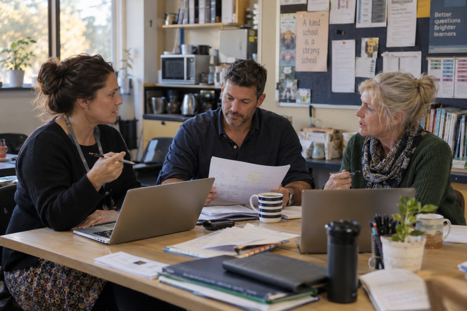 Three teachers around a staffroom table, papers and laptops open, mid-discussion