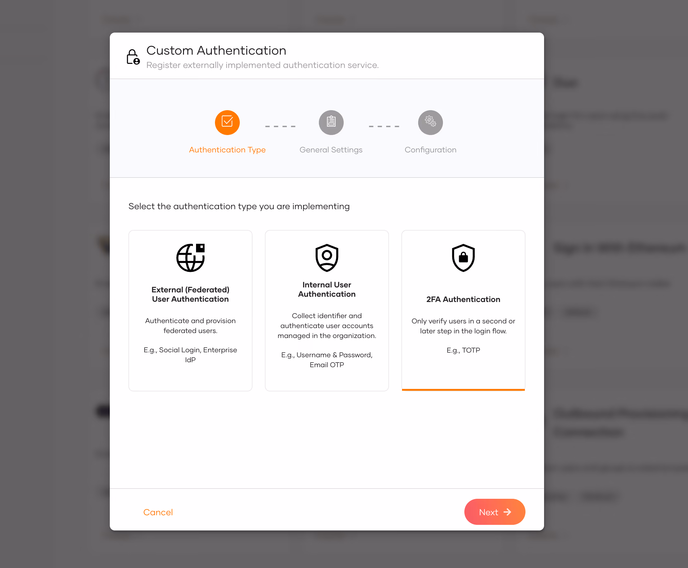 Select 2FA Authentication in the Custom Authentication wizard
