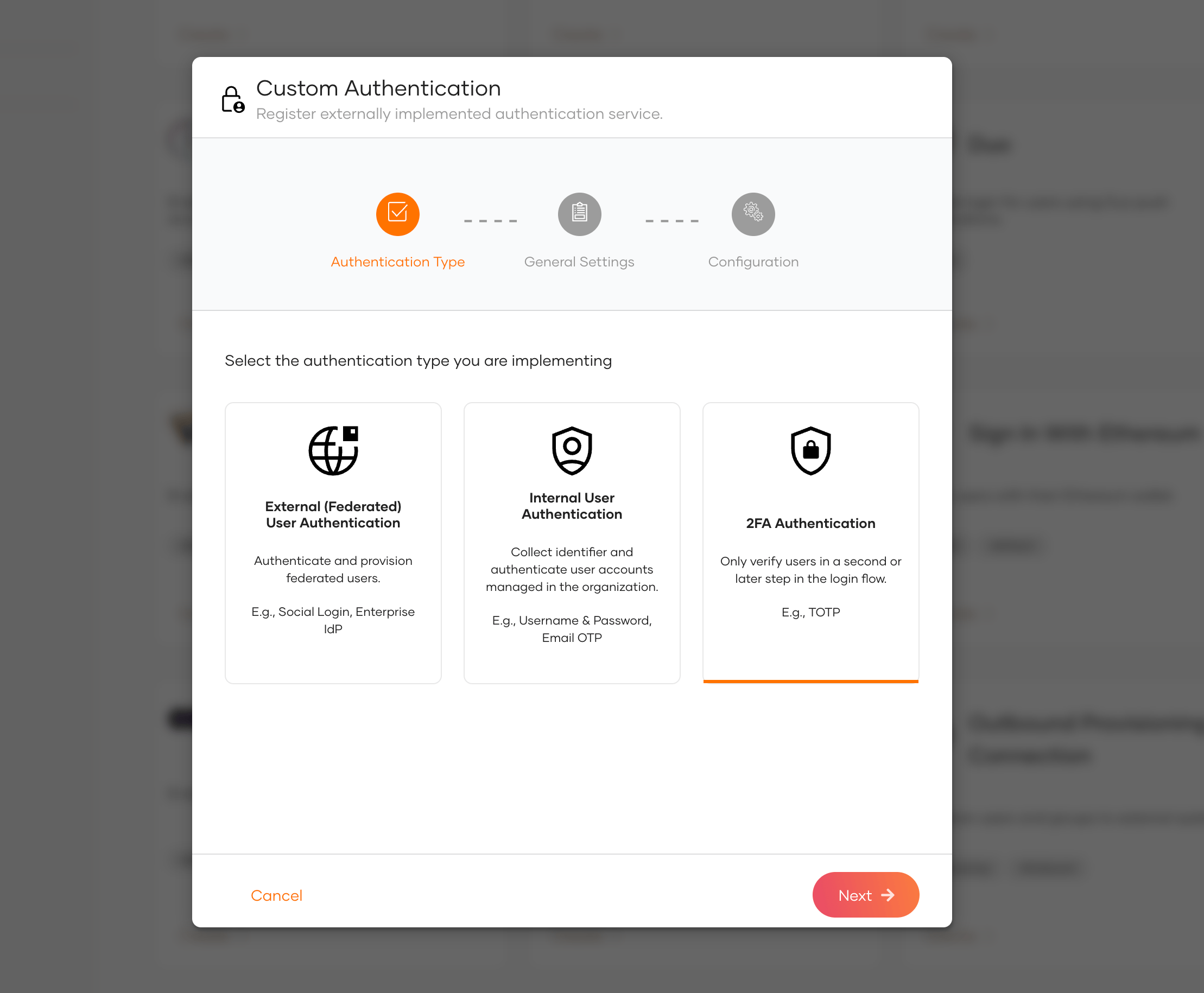 Select 2FA Authentication in the Custom Authentication wizard