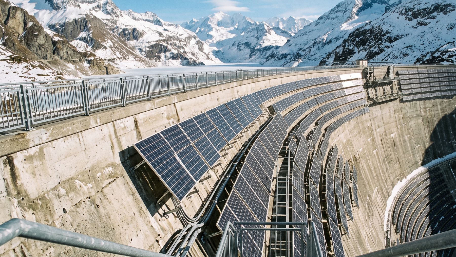 rows of solar panels bolted to a high dam wall among snowy alpine peaks