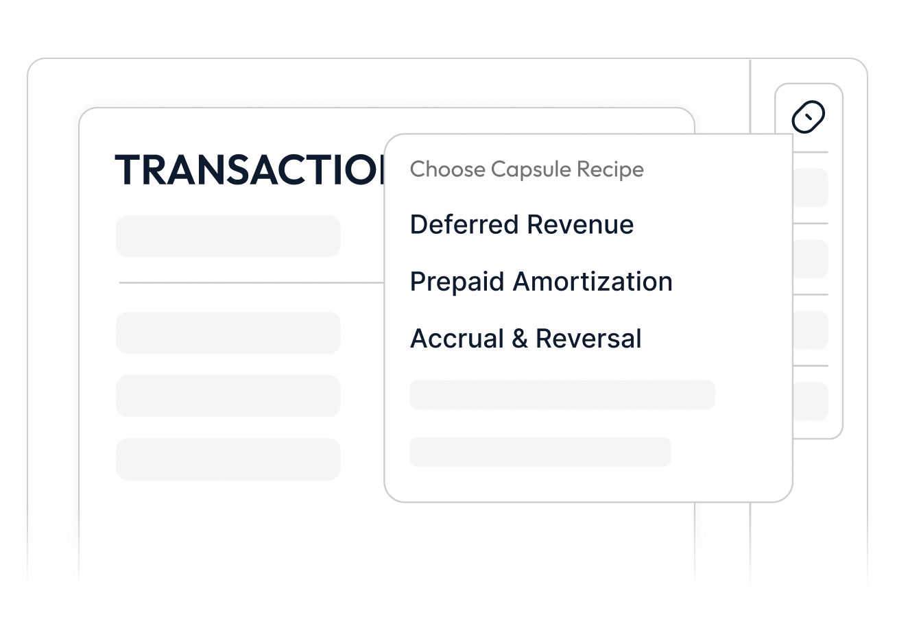 Dropdown menu titled Choose Capsule Recipe with options Deferred Revenue, Prepaid Amortization, and Accrual & Reversal.