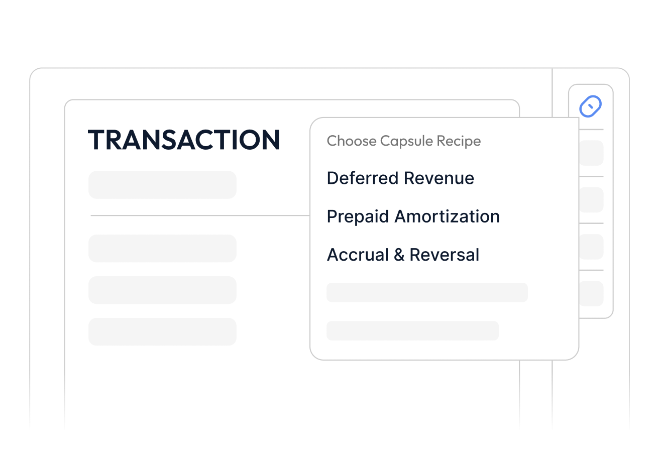 Dropdown menu titled Choose Capsule Recipe with options Deferred Revenue, Prepaid Amortization, and Accrual & Reversal.