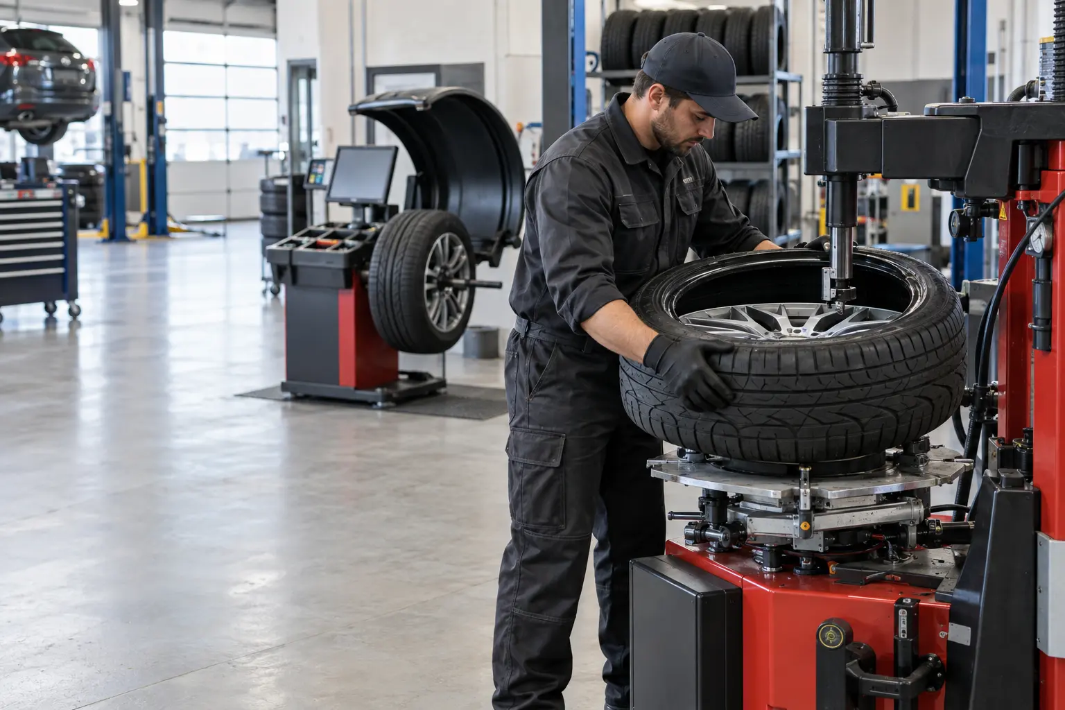 Technician changing and balancing a tire at DAS Automotive