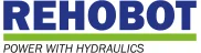 Rehobot logo with blue text and the slogan 'Power with Hydraulics' beneath a green underline.