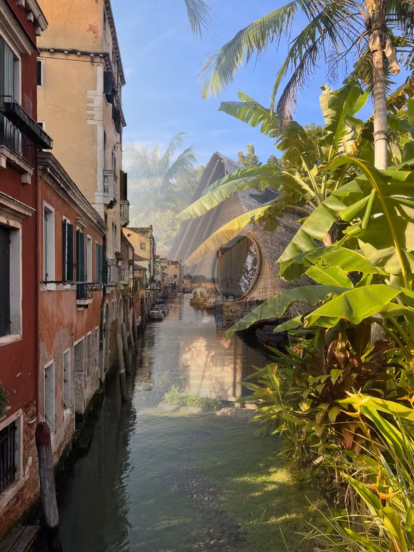 Double exposure of a jungle and a Venice canal blended with the Gradient mode
