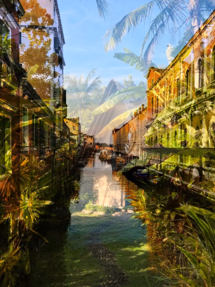 Double exposure of a jungle and a Venice canal blended with the Vivid mode