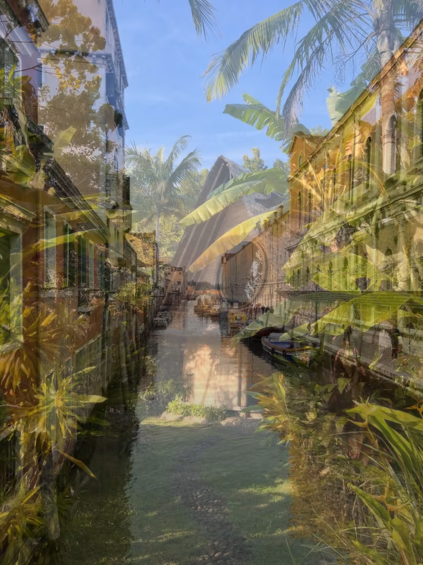 Double exposure of a jungle and a Venice canal blended with the Average mode