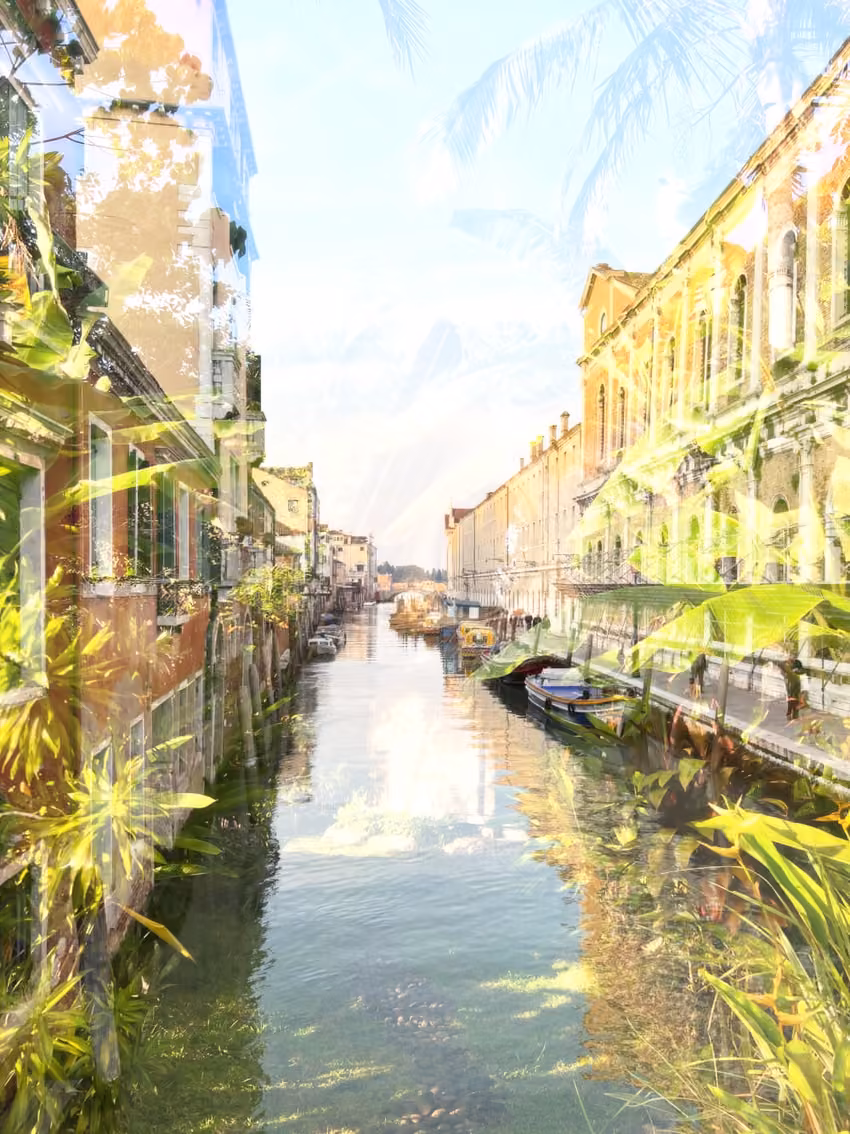 Double exposure of a jungle and a Venice canal blended with the Additive mode