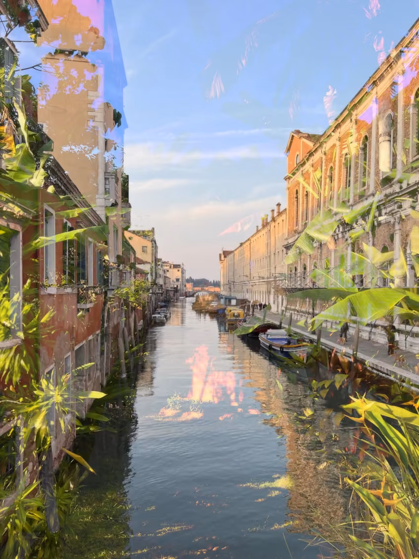 Double exposure of a jungle and a Venice canal blended with the Lighten mode