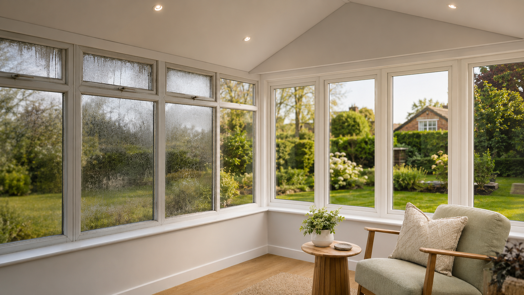Before-and-after conservatory transformation showing replacement window glass, clean white frames and an insulated solid roof