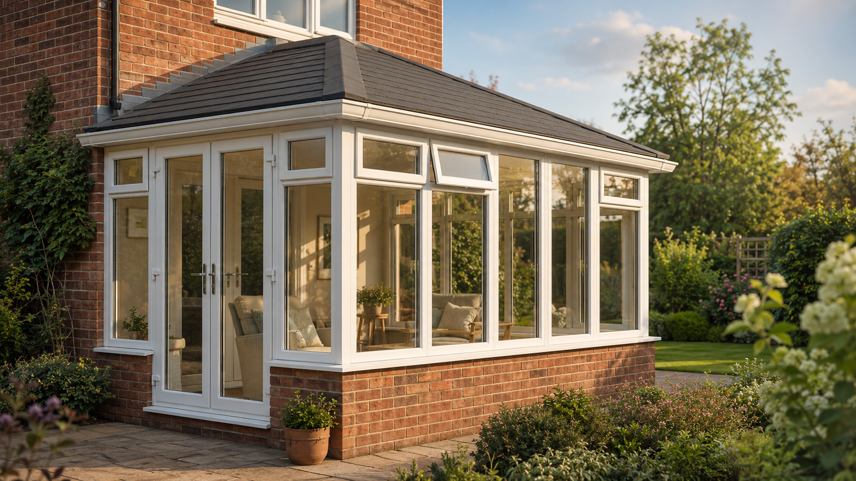 Completed conservatory with new white uPVC windows, French doors and a lightweight tiled roof