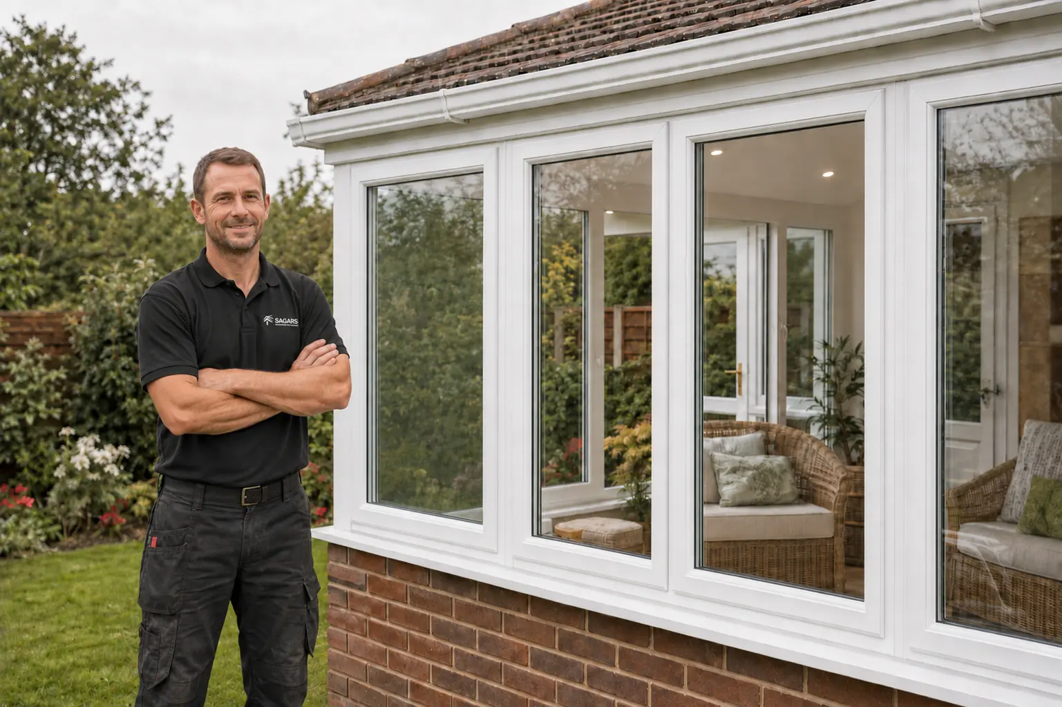 Sagars installer beside a completed conservatory glass and uPVC window replacement with an insulated plastered solid roof