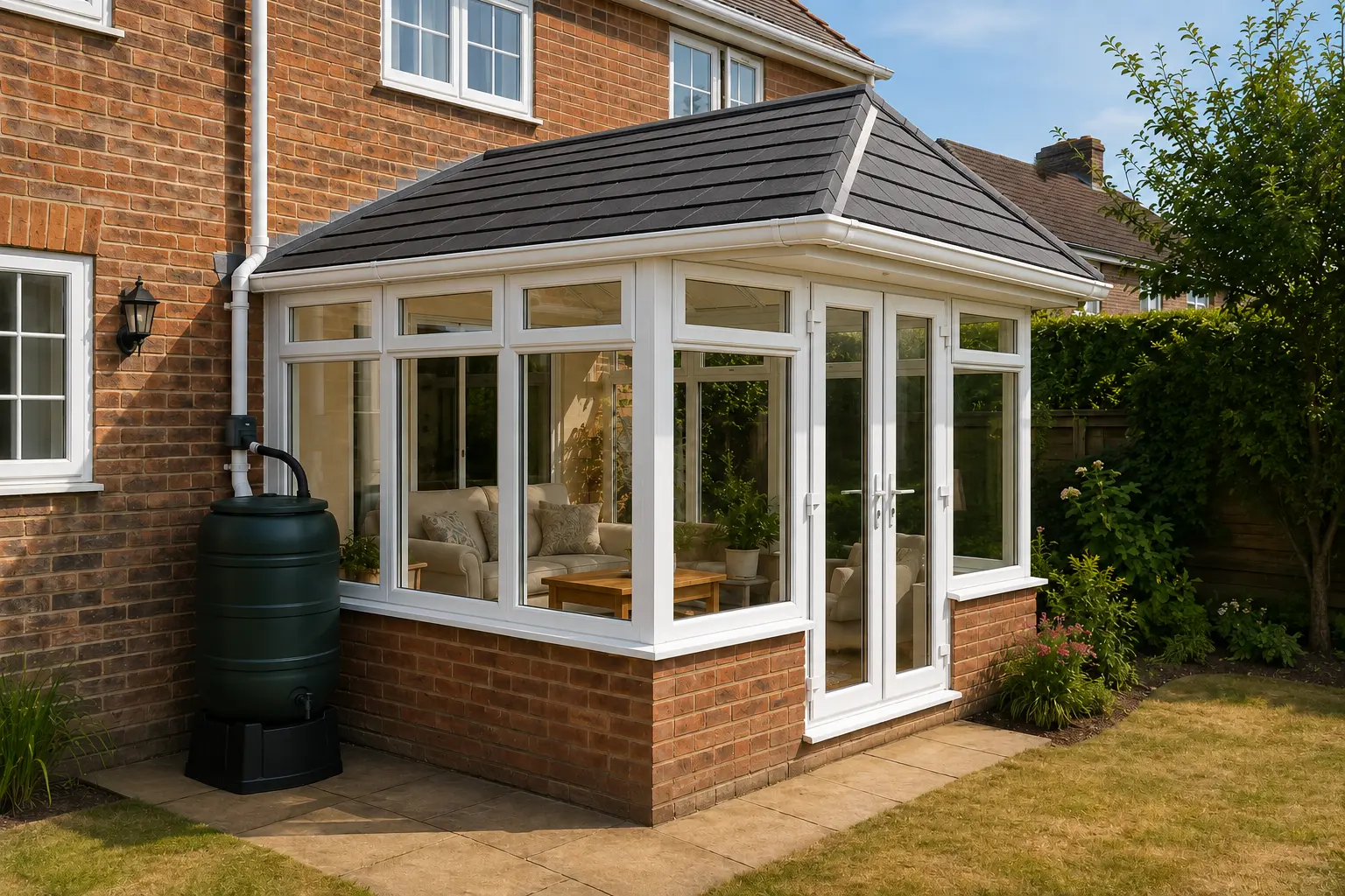 Water butt beside a conservatory with a lightweight solid tiled roof
