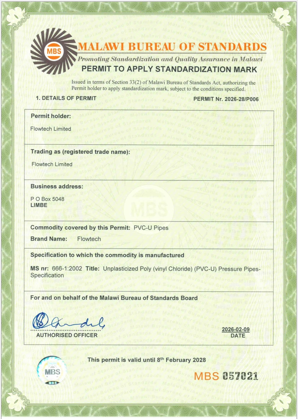 PVC certificate for Flowtech