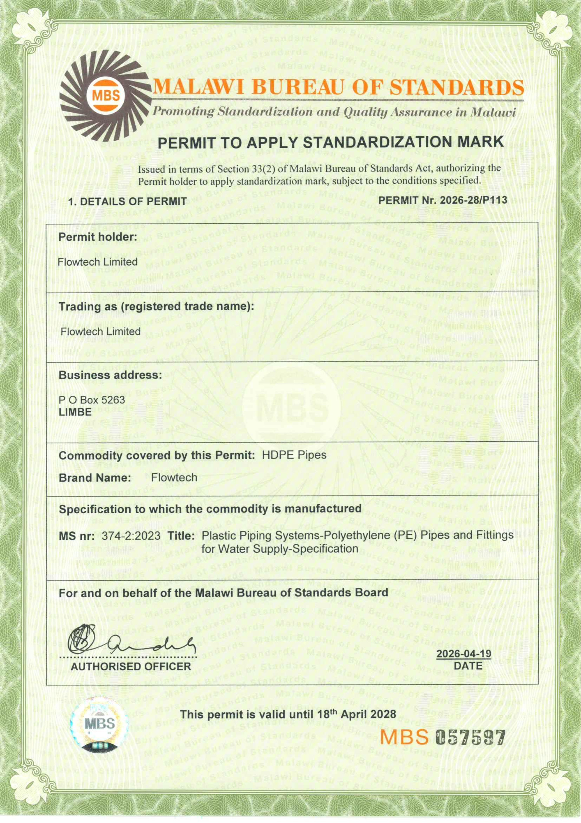 Certificate for HDPE Pipes