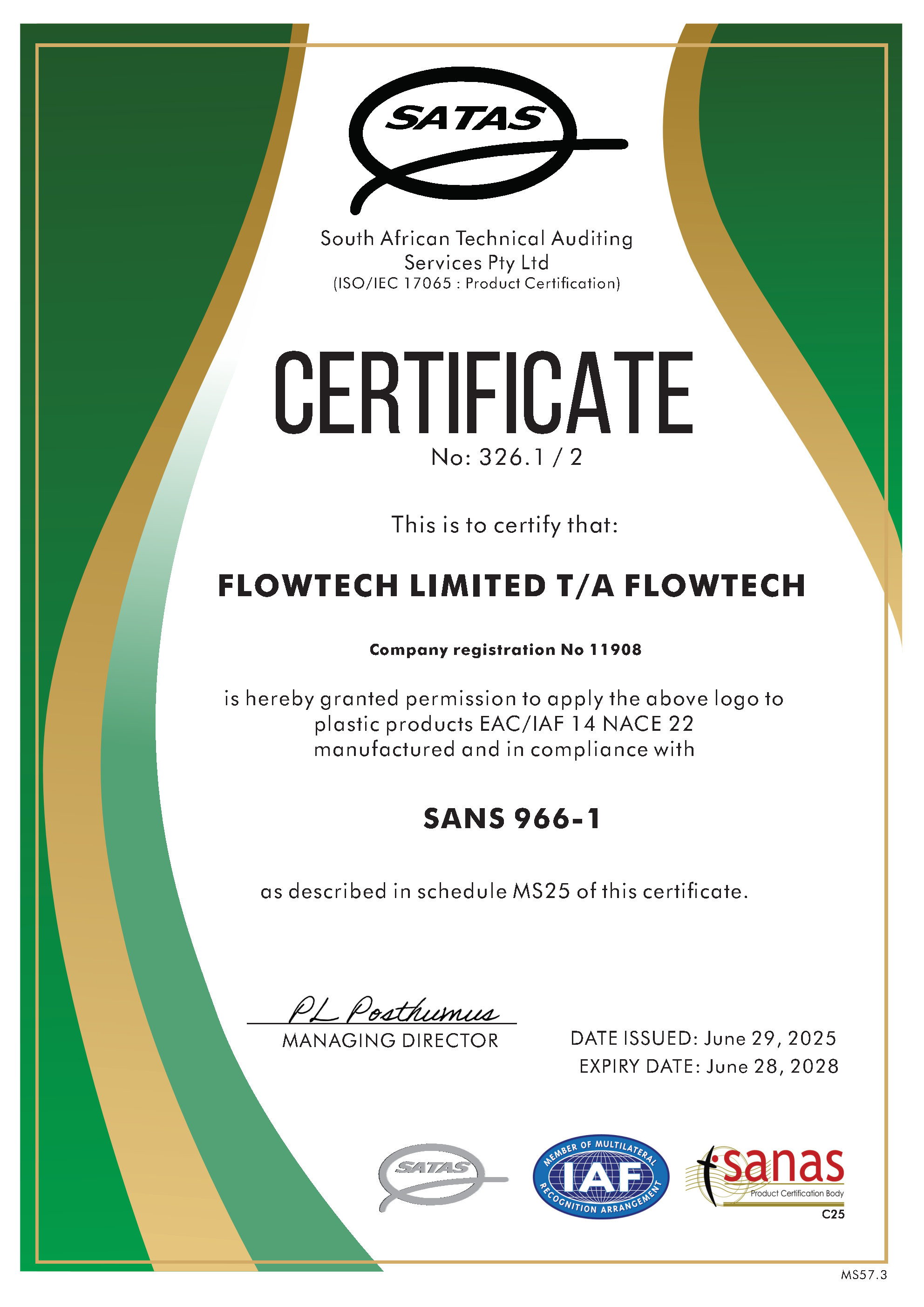 SATAS Certificate for HDPE pipes