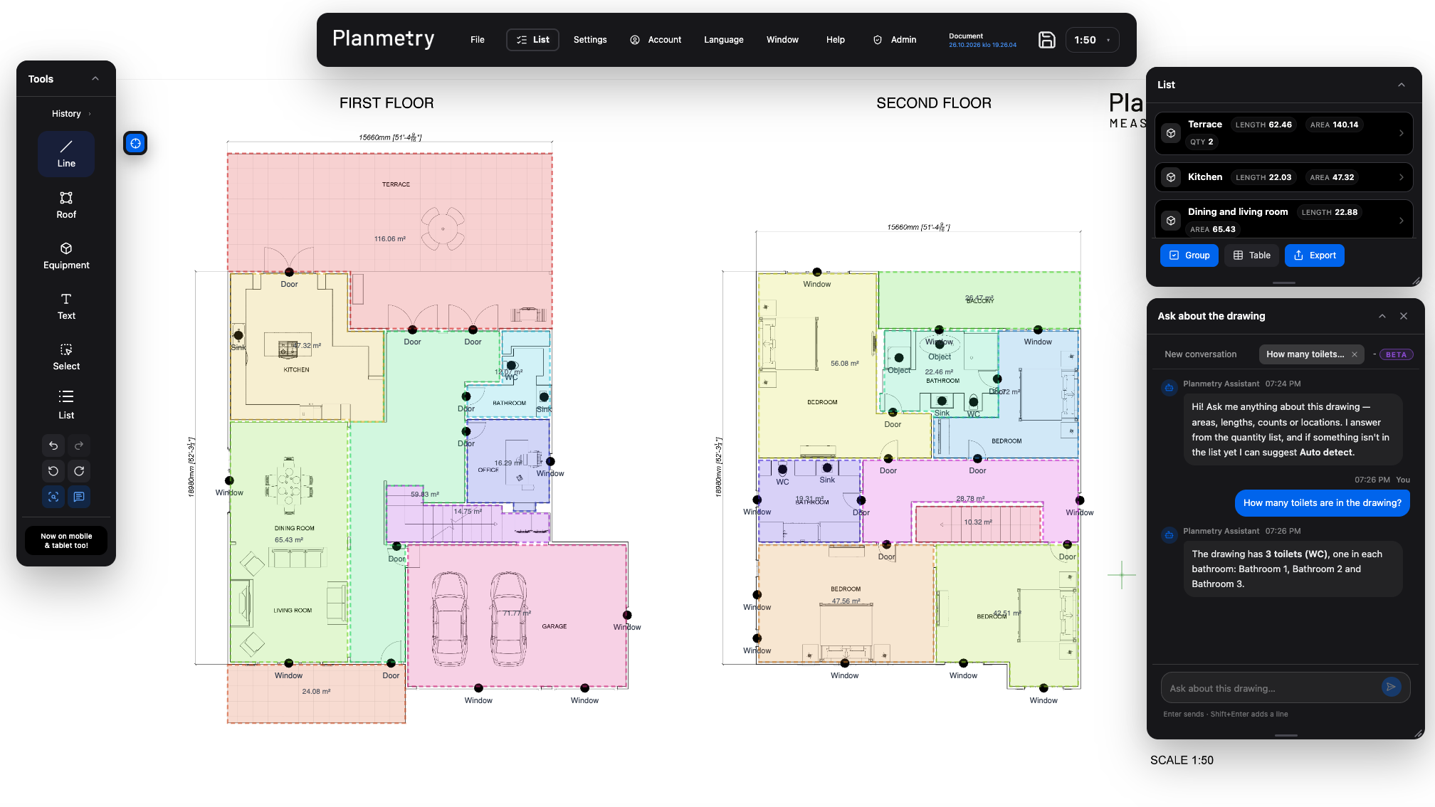 AI-powered area measurements in the Planmetry drawing editor