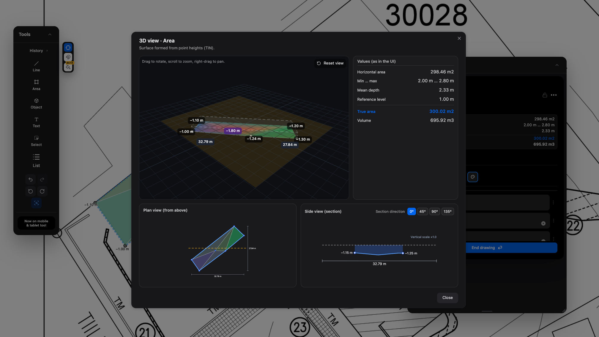 3D surface preview with area, height and volume measurements in Planmetry