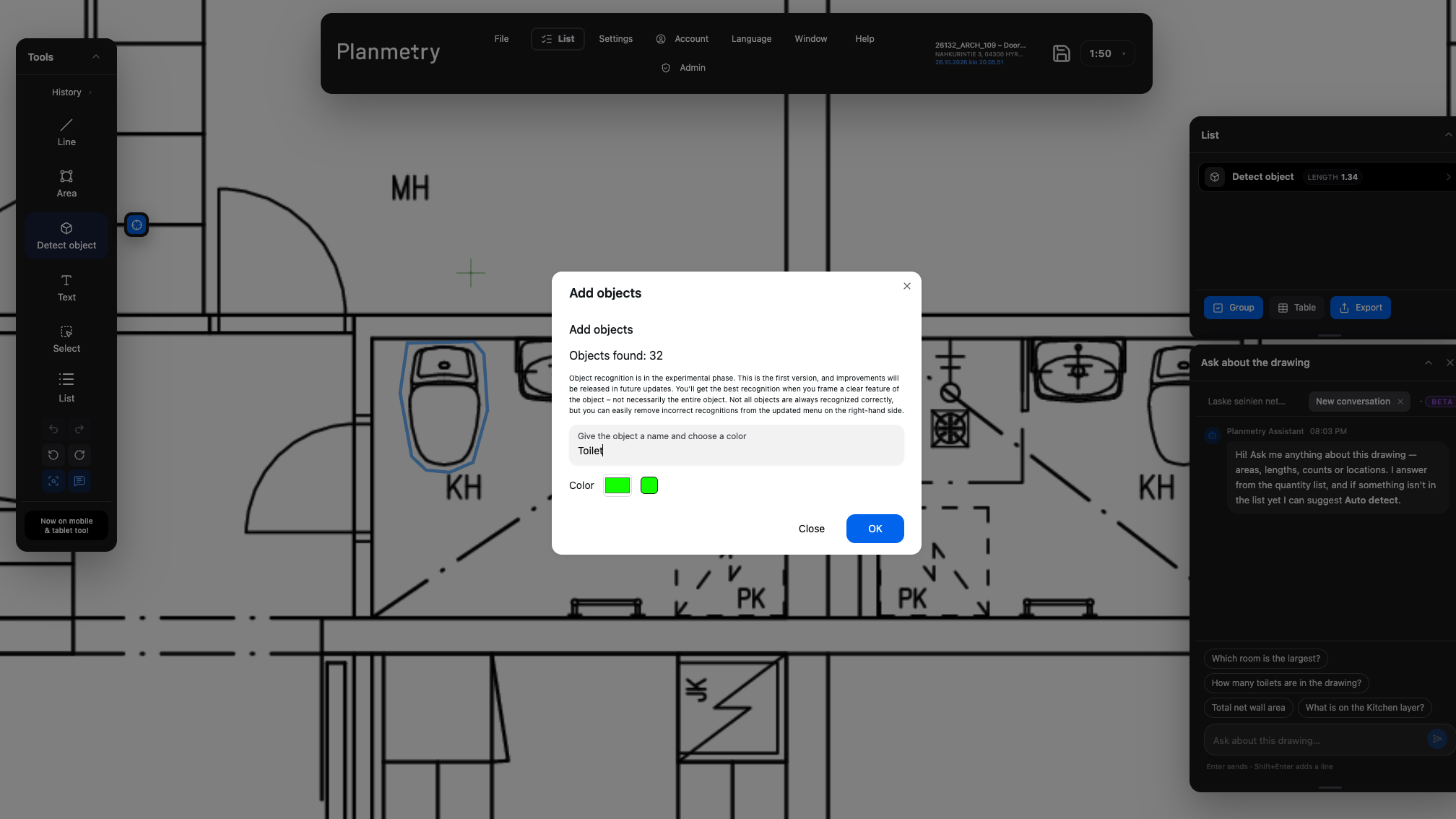 Editable area geometry and measurement tools in Planmetry