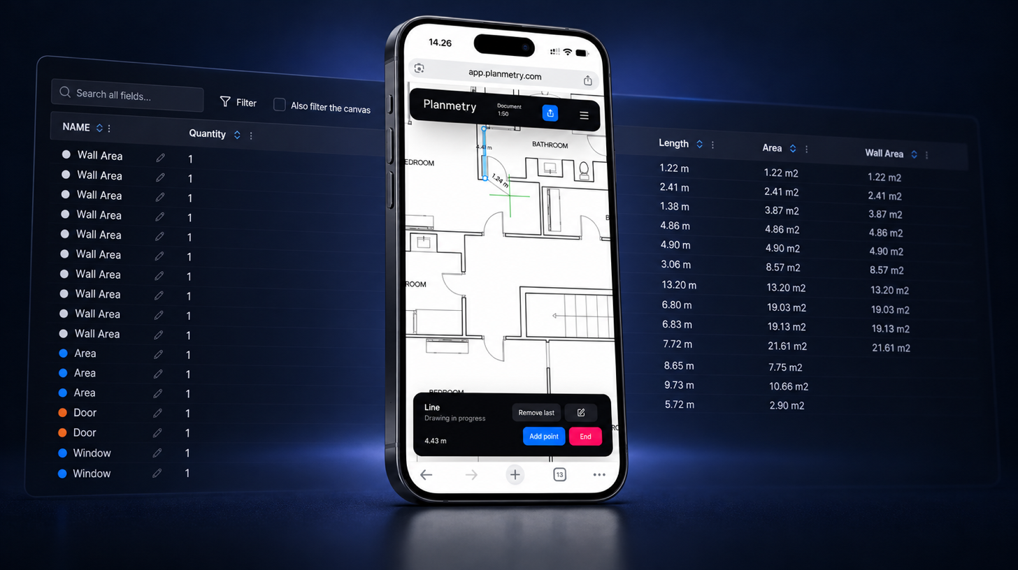 Planmetrie auf einem Smartphone mit Zeichnungsmaßen und einer Aufmaßliste