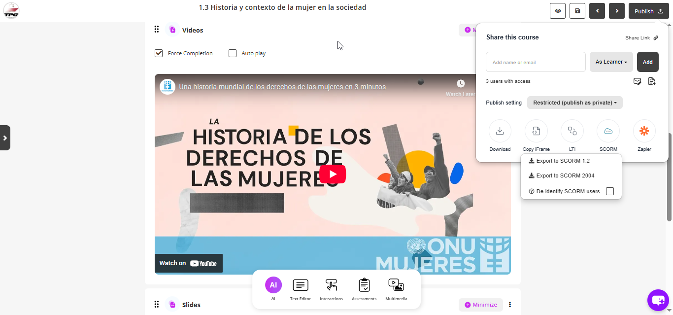 Exporteer de cursus als SCORM 1.2 of SCORM 2004 in Coursebox