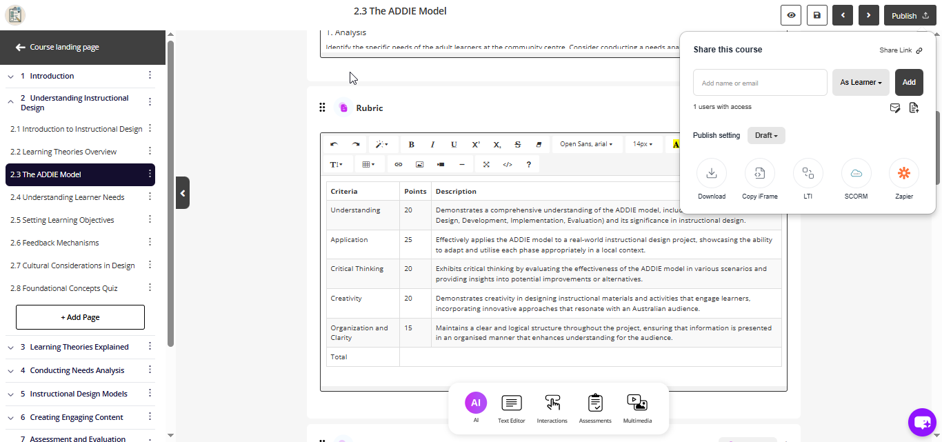 Publishing the rubric on coursebox