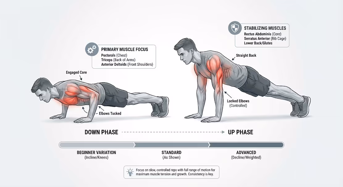image explaining how to do a pushup by utilising coursebox AI image generator