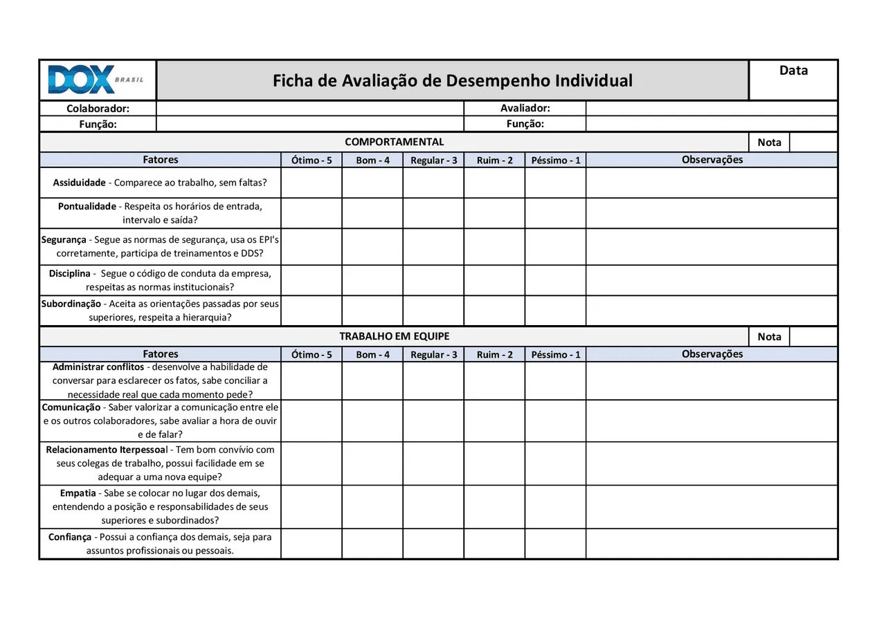Ficha de Avaliação Individual de Funcionários