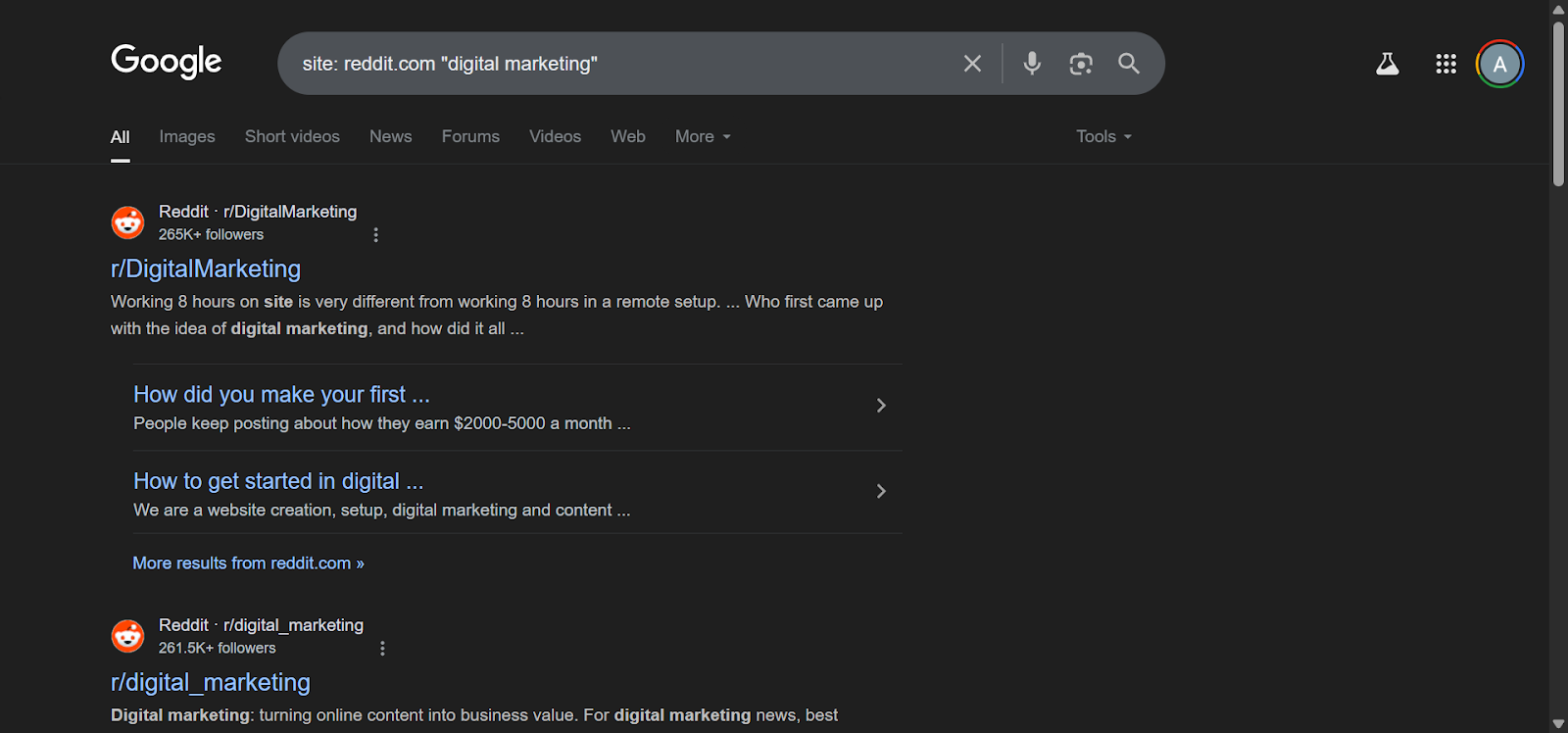 Example of a subreddit search on Google