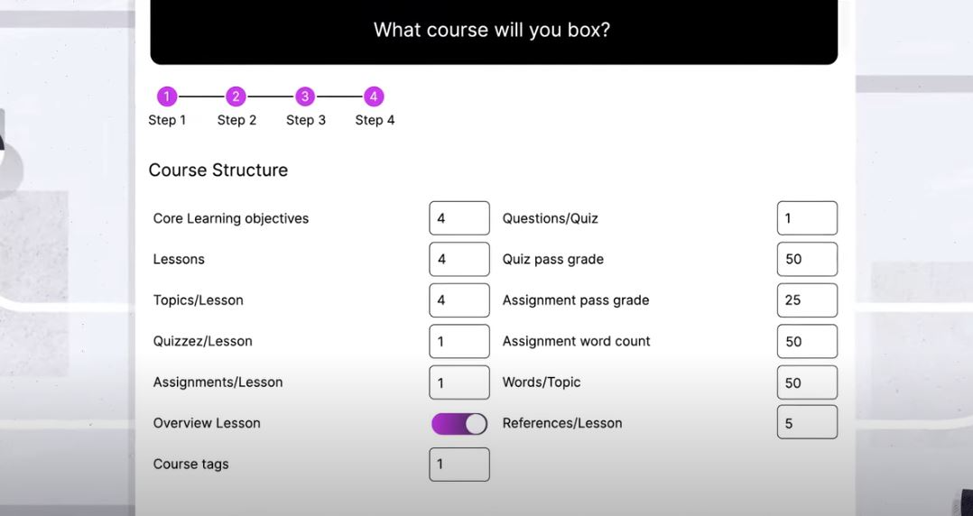 Course Creation Setup with Learning Objectives and Settings