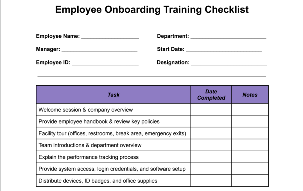 Employee Onboarding Training Checklist