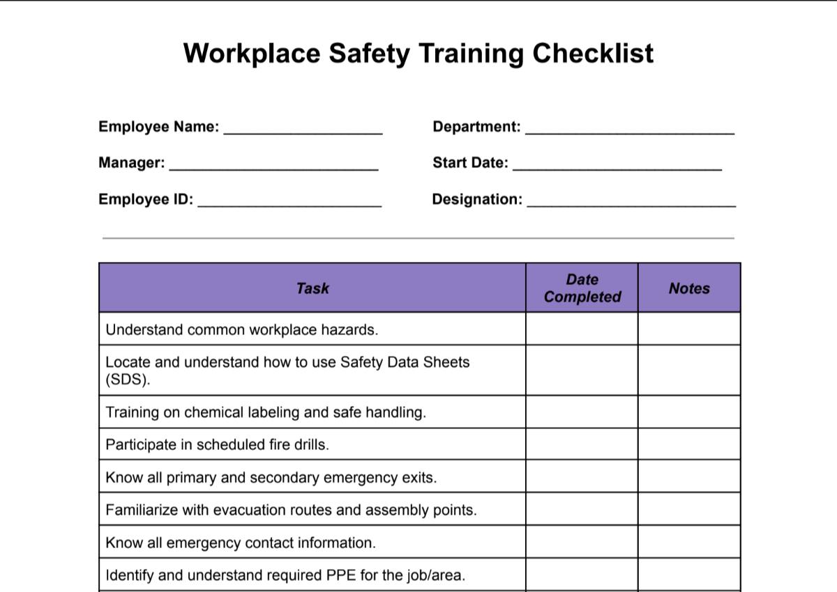 Workplace Safety Training Checklist