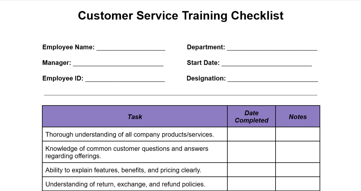 Customer Service Training Checklist
