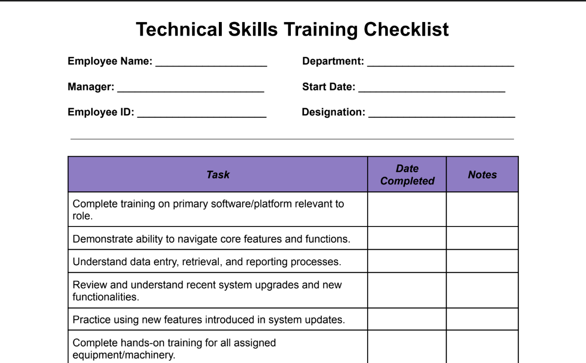 Technical Skills Training Checklist