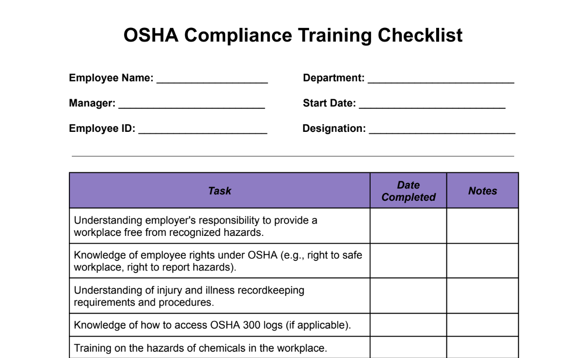 OSHA Compliance Training Checklist