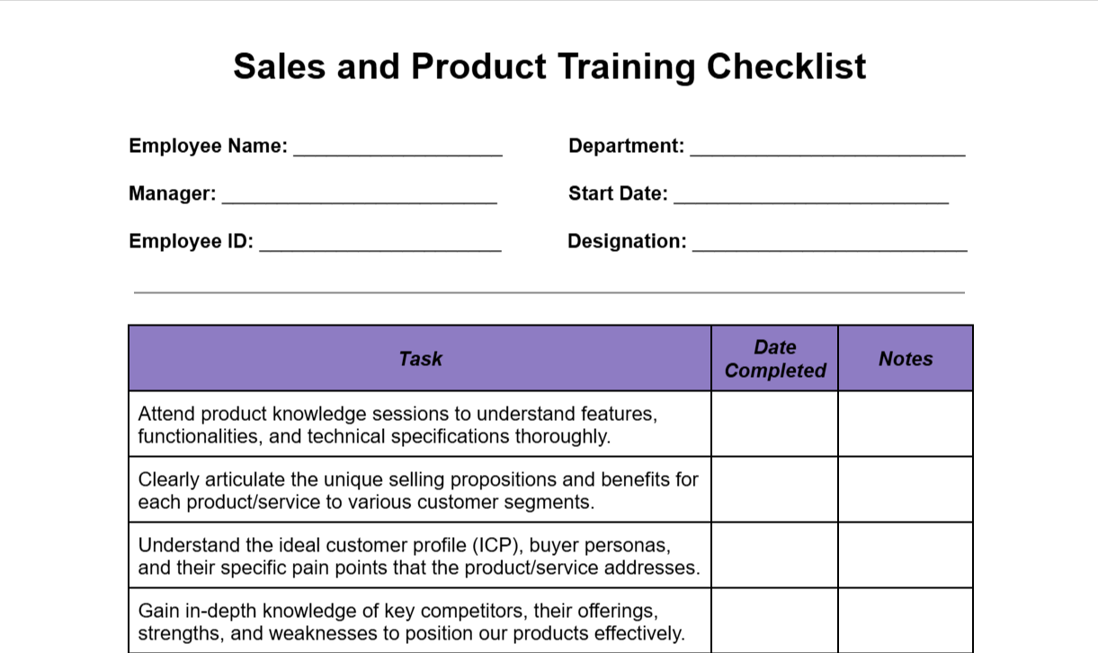 Sales and Product Training Checklist