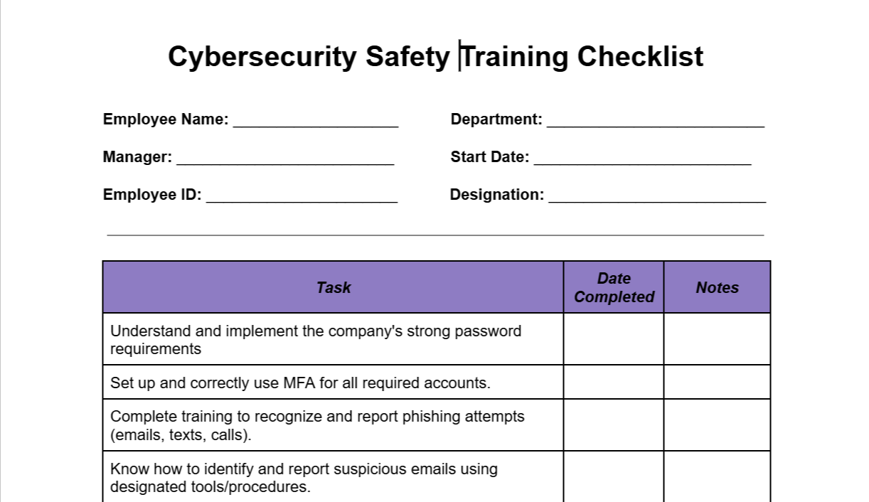 Cybersecurity Safety Training Checklist
