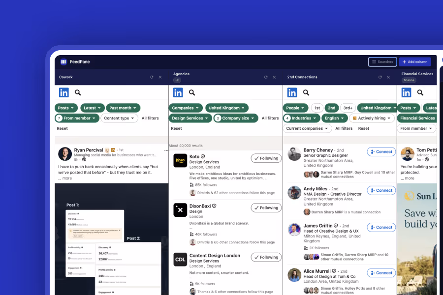 FeedPane app interface showing LinkedIn search results for agencies, 2nd connections, and financial services.